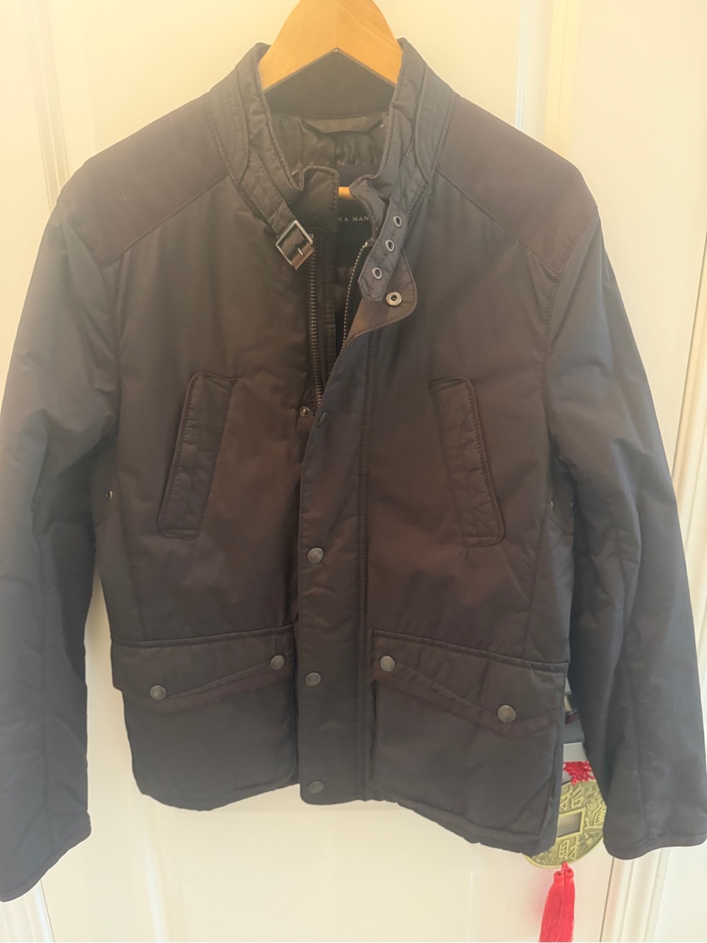 Zara Men's Dark Brown Quilted Field Jacket with Stand Collar